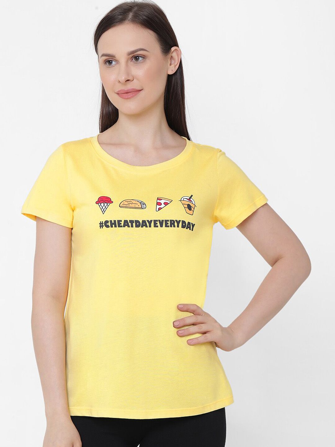 Soie Women Yellow & Black Printed Lounge T-Shirt Price in India