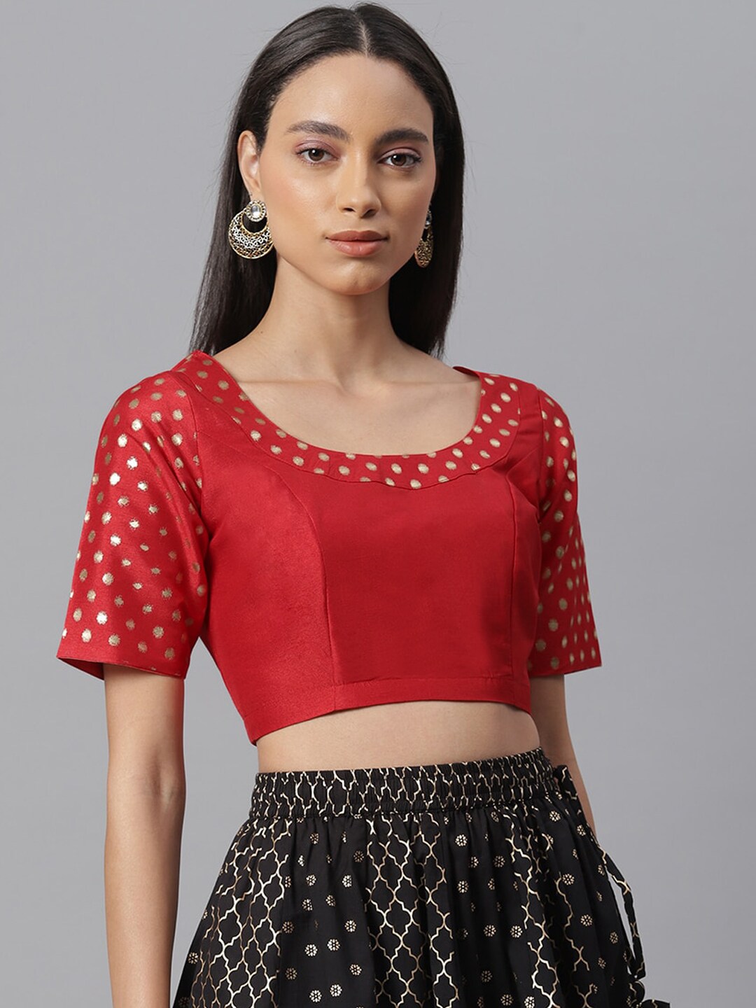 Janasya Women Red & Gold-Coloured Printed Stitched Blouse Price in India