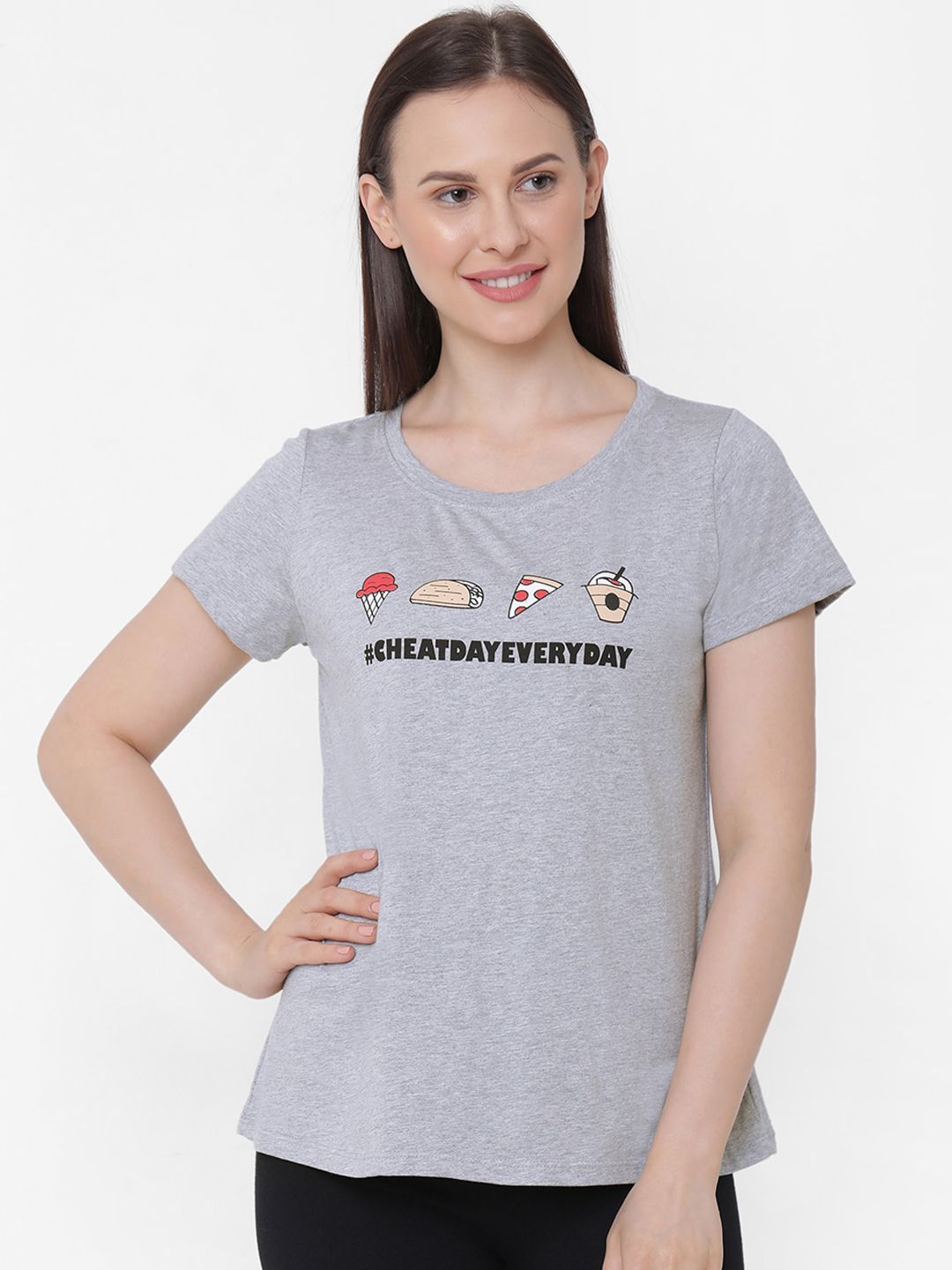 Soie Women Grey & Black Printed Lounge T-Shirt Price in India