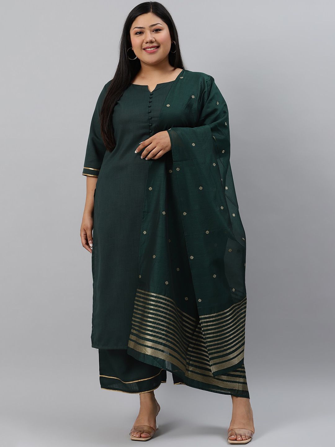 EXTRA LOVE BY LIBAS Women Green Pure Cotton Kurta with Palazzos & With Dupatta Price in India