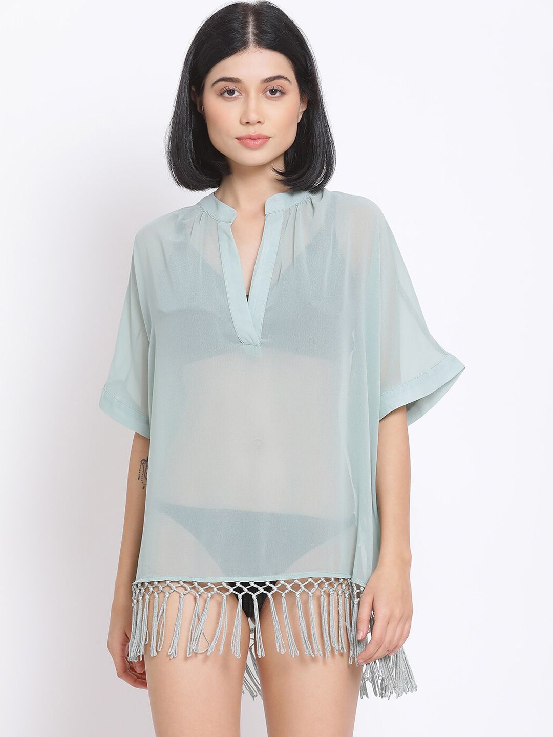 Oxolloxo Women Green Solid Tassel Beach Cover-Up Price in India