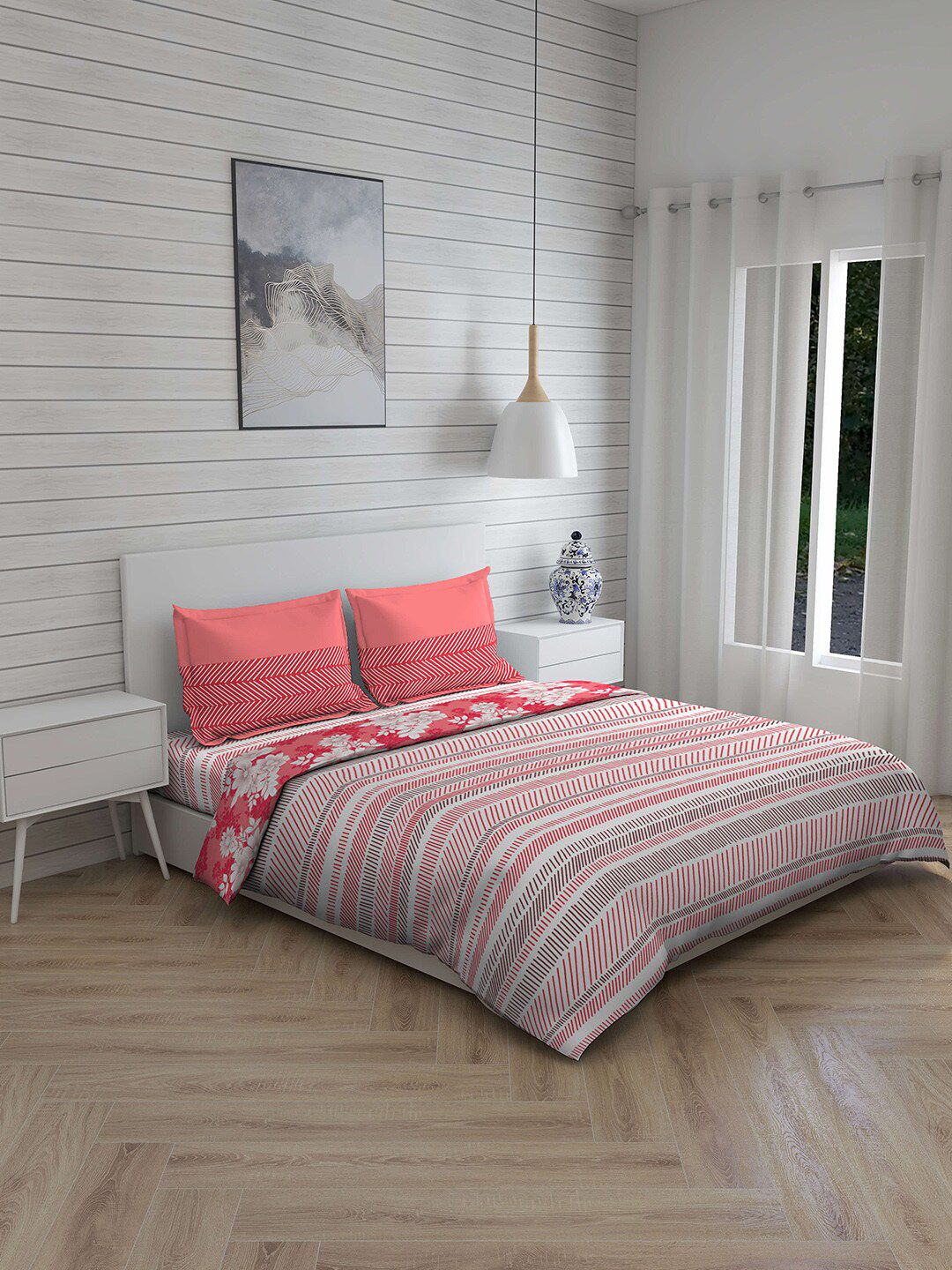 Layers Off White & Coral-Colored Geometric Printed 148 TC Double King Bedding Set Price in India