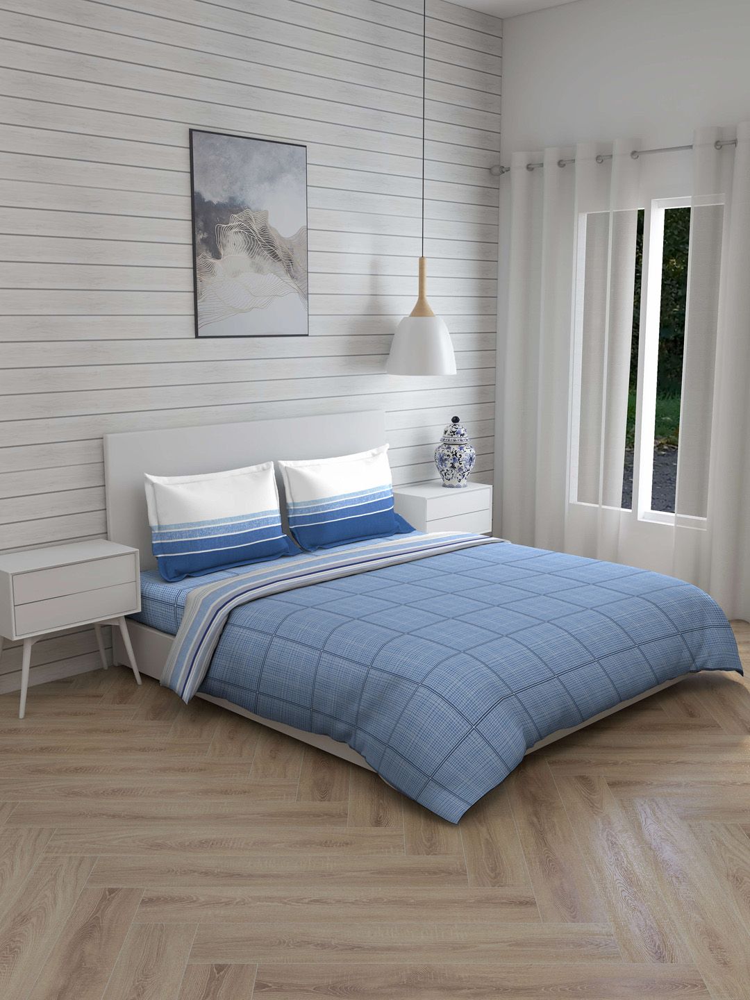 Layers Blue & White Checked 140 TC Double Queen Bedding Set Price in India