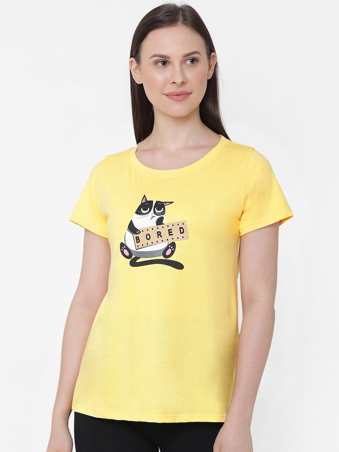 Soie Women Yellow & Black Solid Lounge T-Shirt Price in India