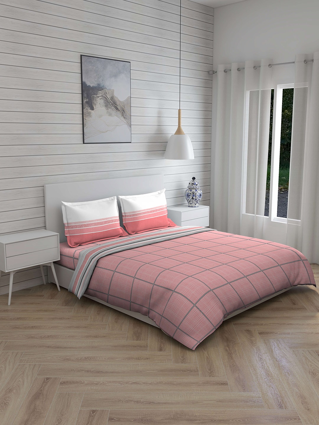 Layers Pink & White Checked 140 TC Double Queen Bedding Set Price in India