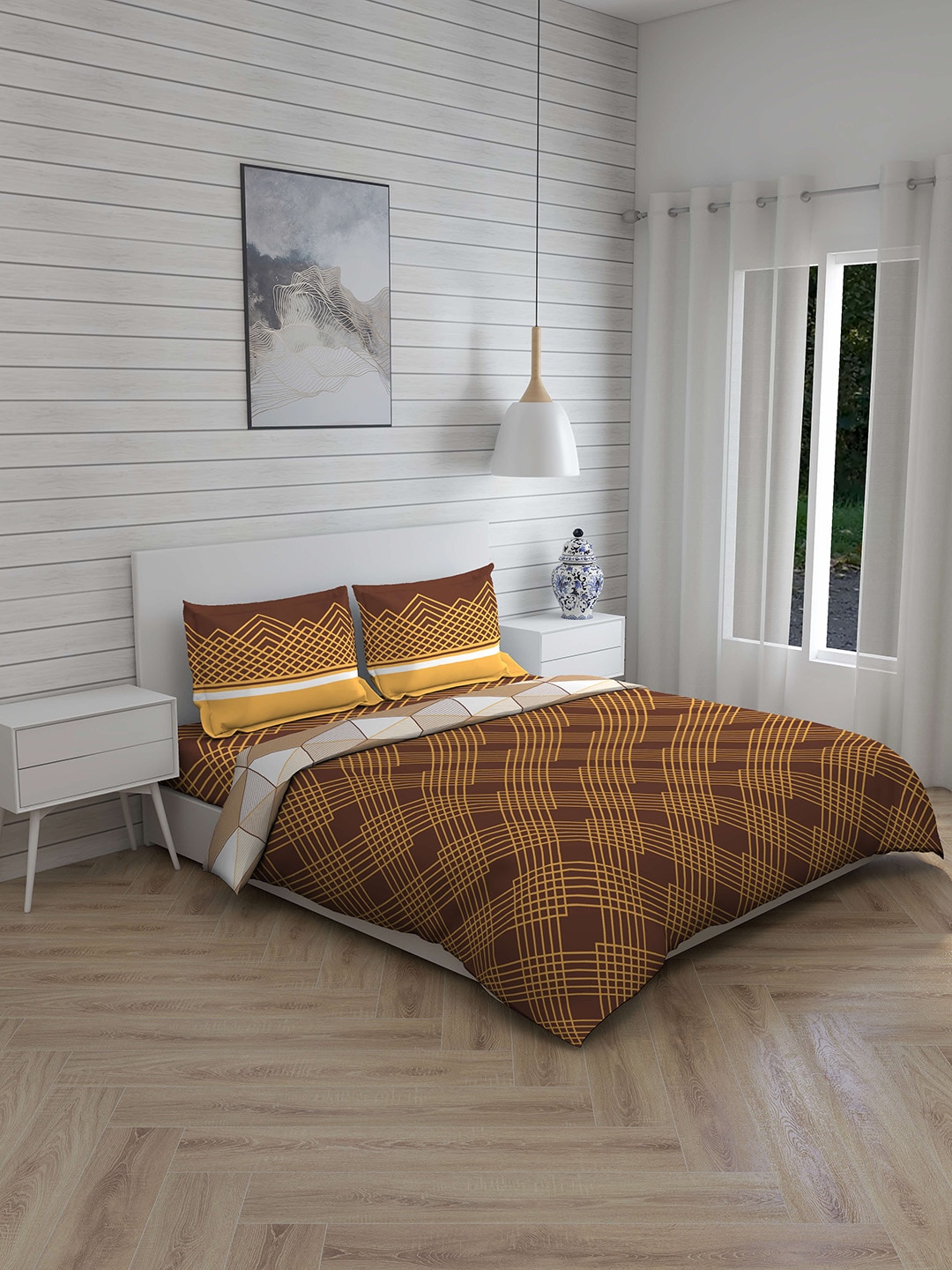 Layers Brown & Yellow Printed 140 TC Double Queen Bedding Set With Comforter Price in India