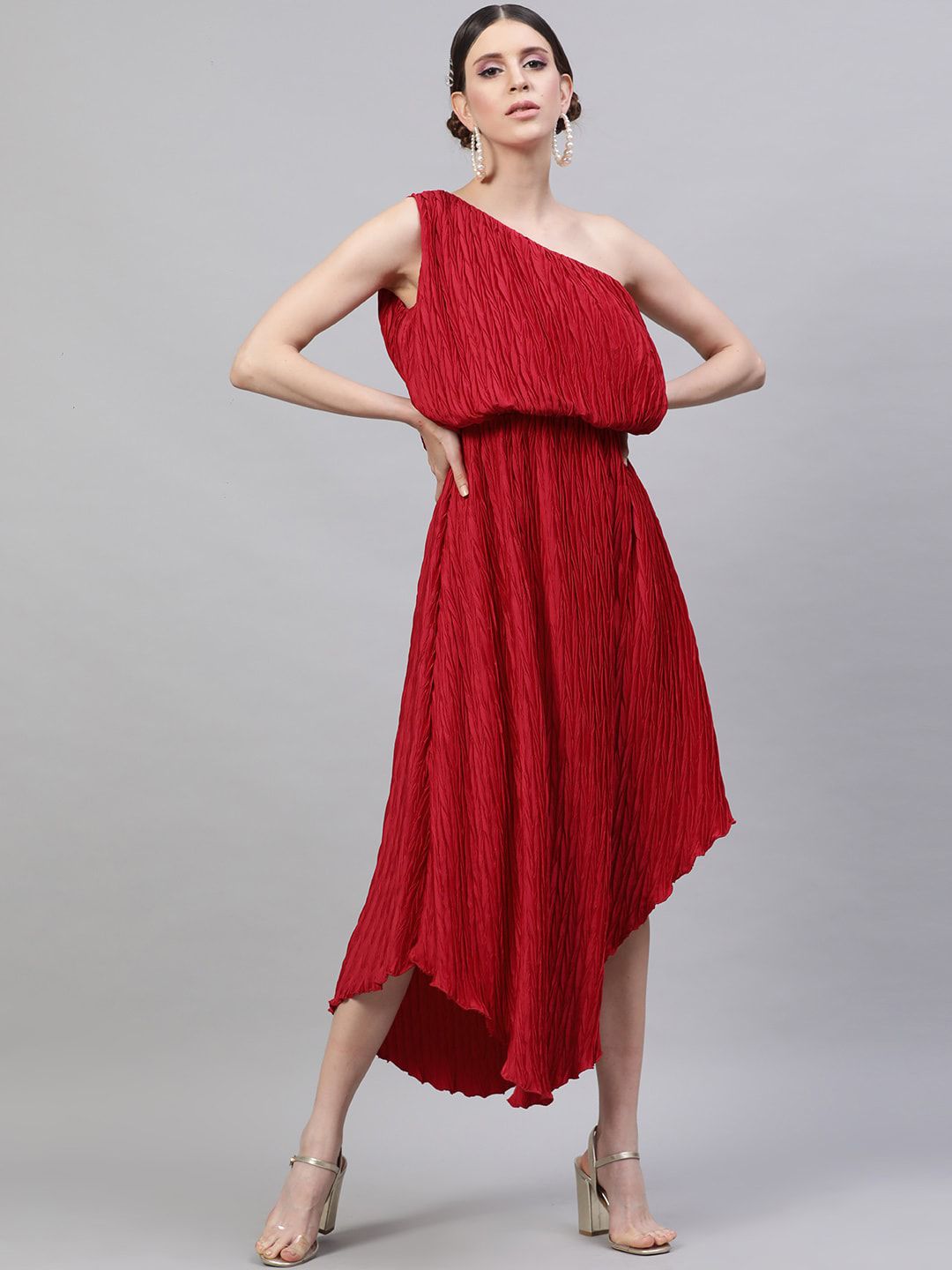 STREET 9 Women Red Solid Crushed Pleat One Shoulder A-Line Dress Price in India