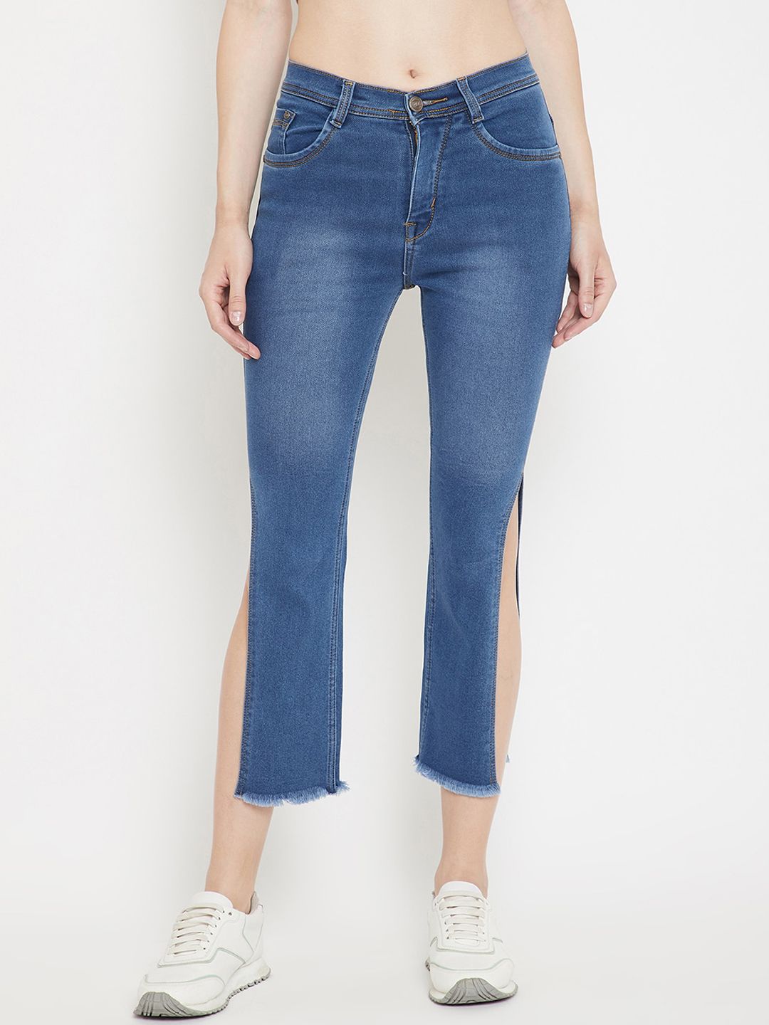 Nifty Women Blue Bootcut High-Rise Side Slits Clean Look Cropped Jeans Price in India