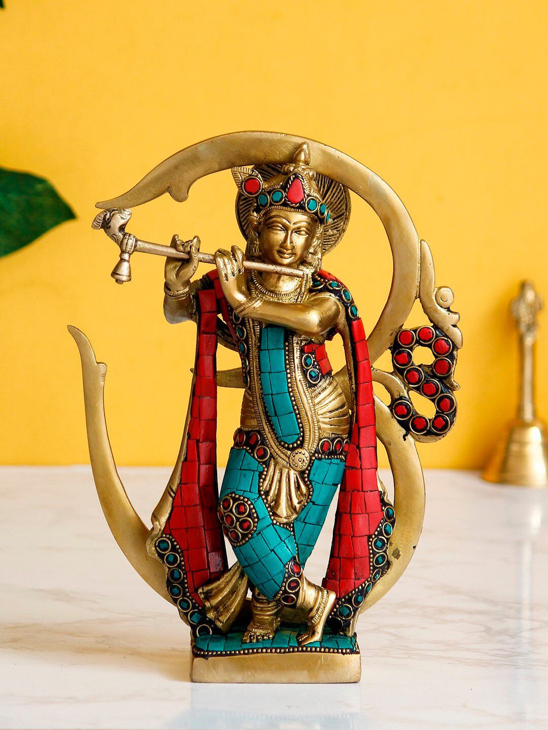 eCraftIndia Gold-Toned & Blue Lord Krishna Playing With Om Idol Showpiece Price in India