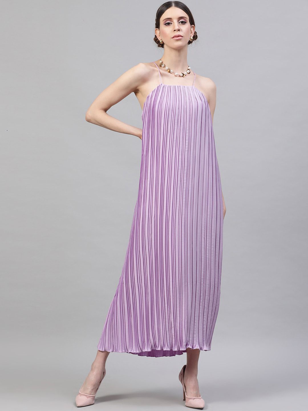 STREET 9 Women Lavender Solid Satin Accordion Pleated Maxi Dress Price in India