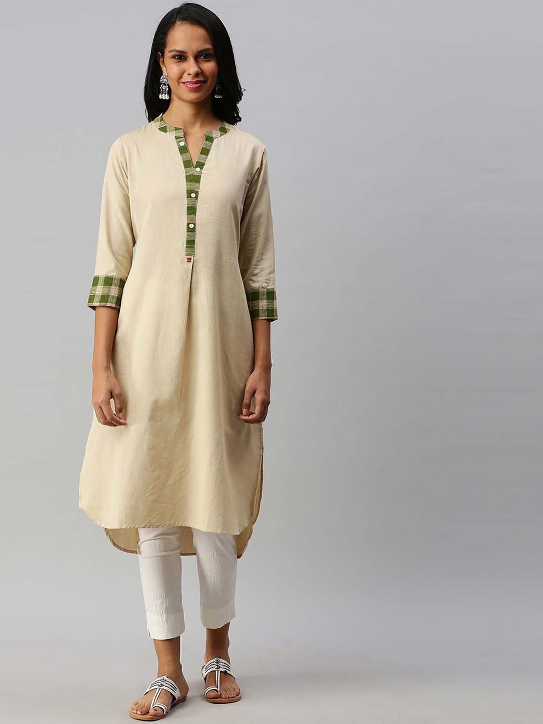 Soch Women Beige Solid High-Low Hem Kurta with Checked Detail Price in India
