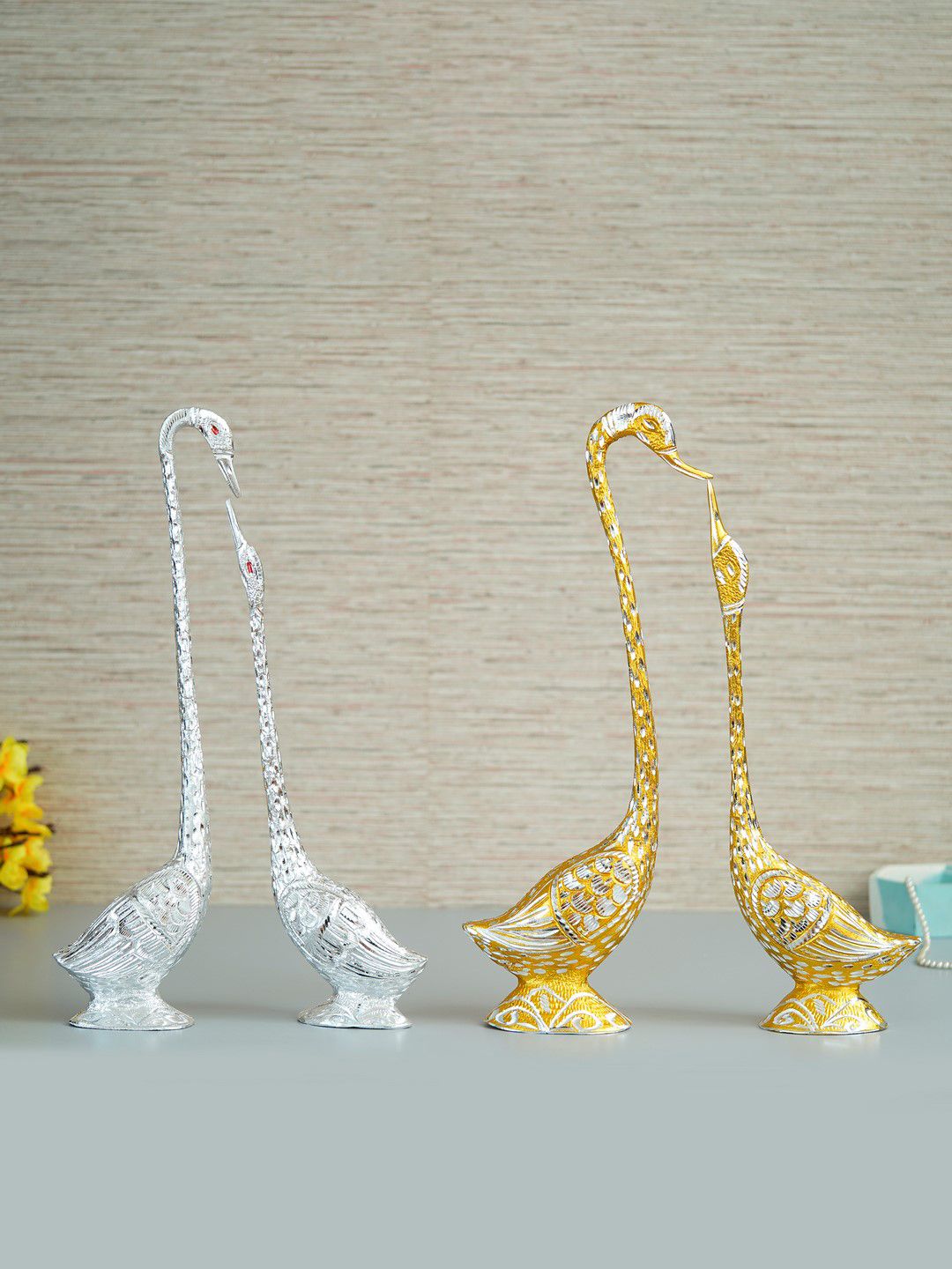 eCraftIndia Set of 4 Gold & Silver Toned Kissing Swan Couple Handcrafted Showpieces Price in India
