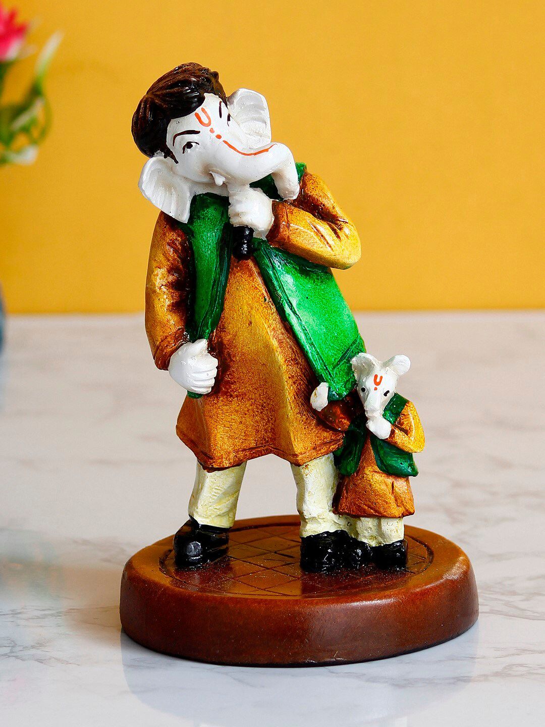 eCraftIndia Orange & Green Lord Ganesha Singing With Mushak Colorful Handcrafted Decorative Figurine Price in India