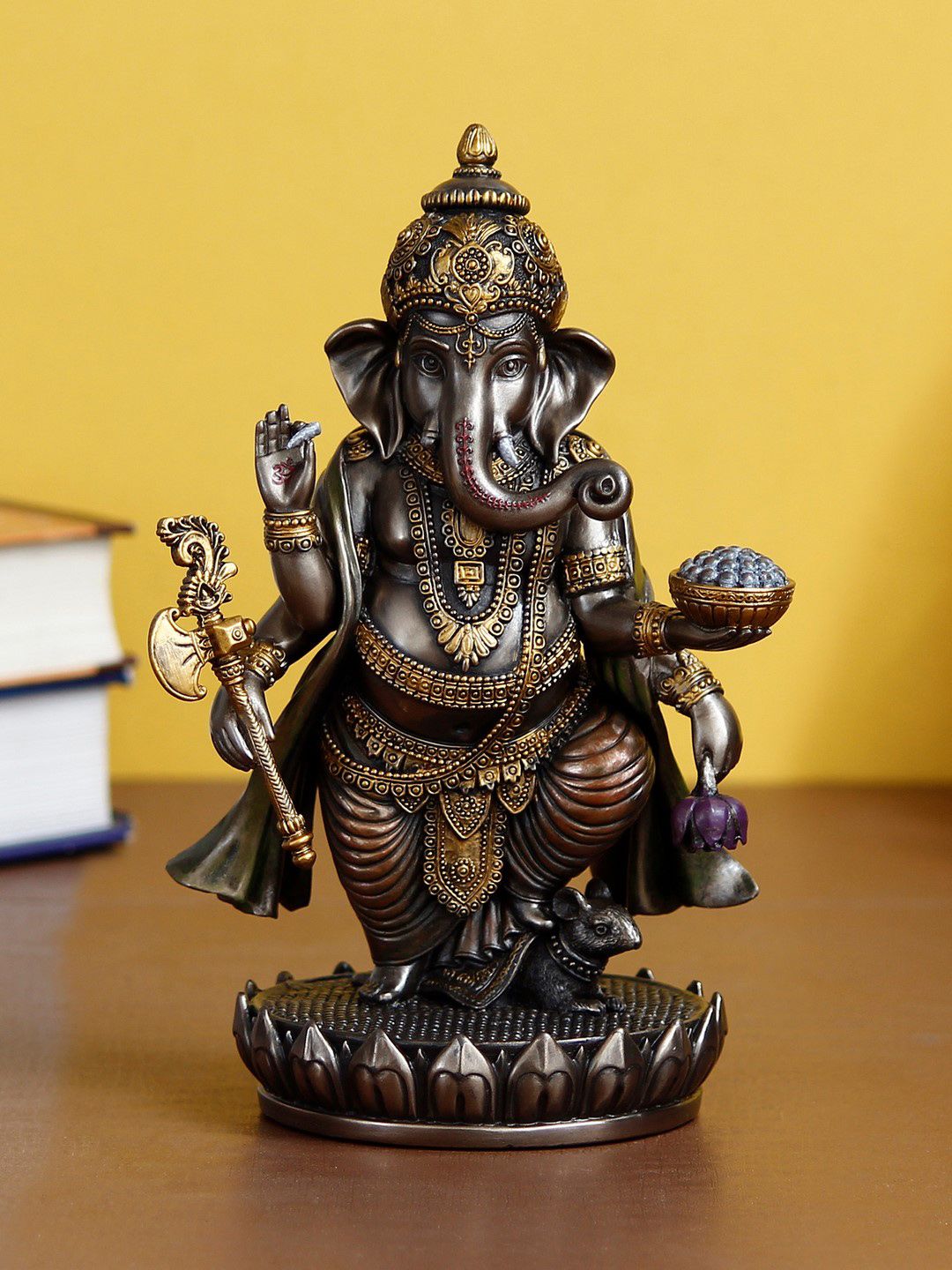eCraftIndia Gold-Toned & Brown Bhujadhari Lord Ganesha Bronze Resin Decorative Showpiece Price in India