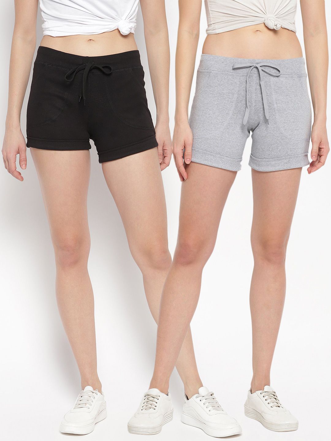 StyleStone Women Set of 2 Black & Grey Solid Regular Fit Pure Cotton Sports Shorts Price in India