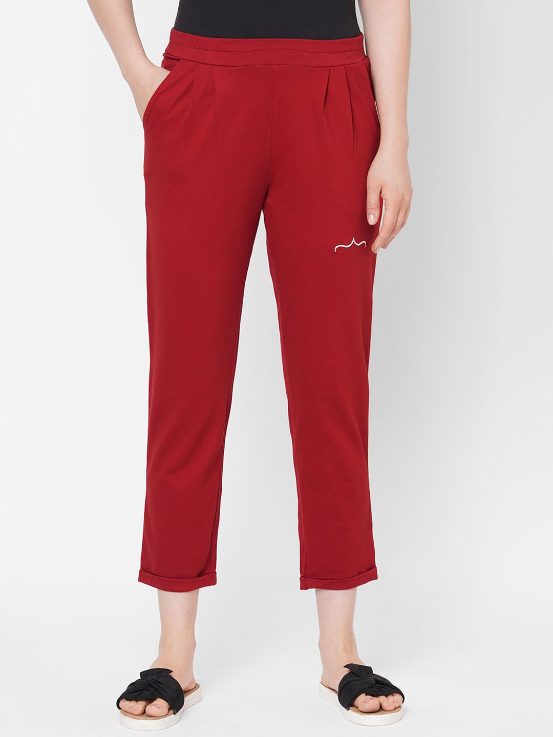 Mystere Paris Women Red Solid Stylish Cropped Pure Cotton Lounge Pants Price in India