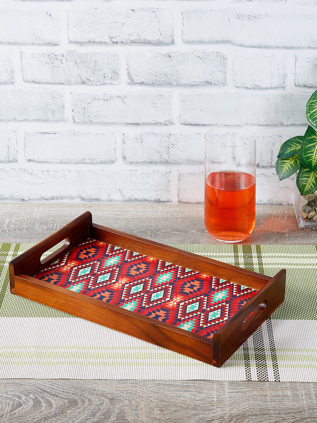 Reinvention Factory Brown & Red Ikkat Digital Printed Thai Teak Wood Serving Tray Price in India