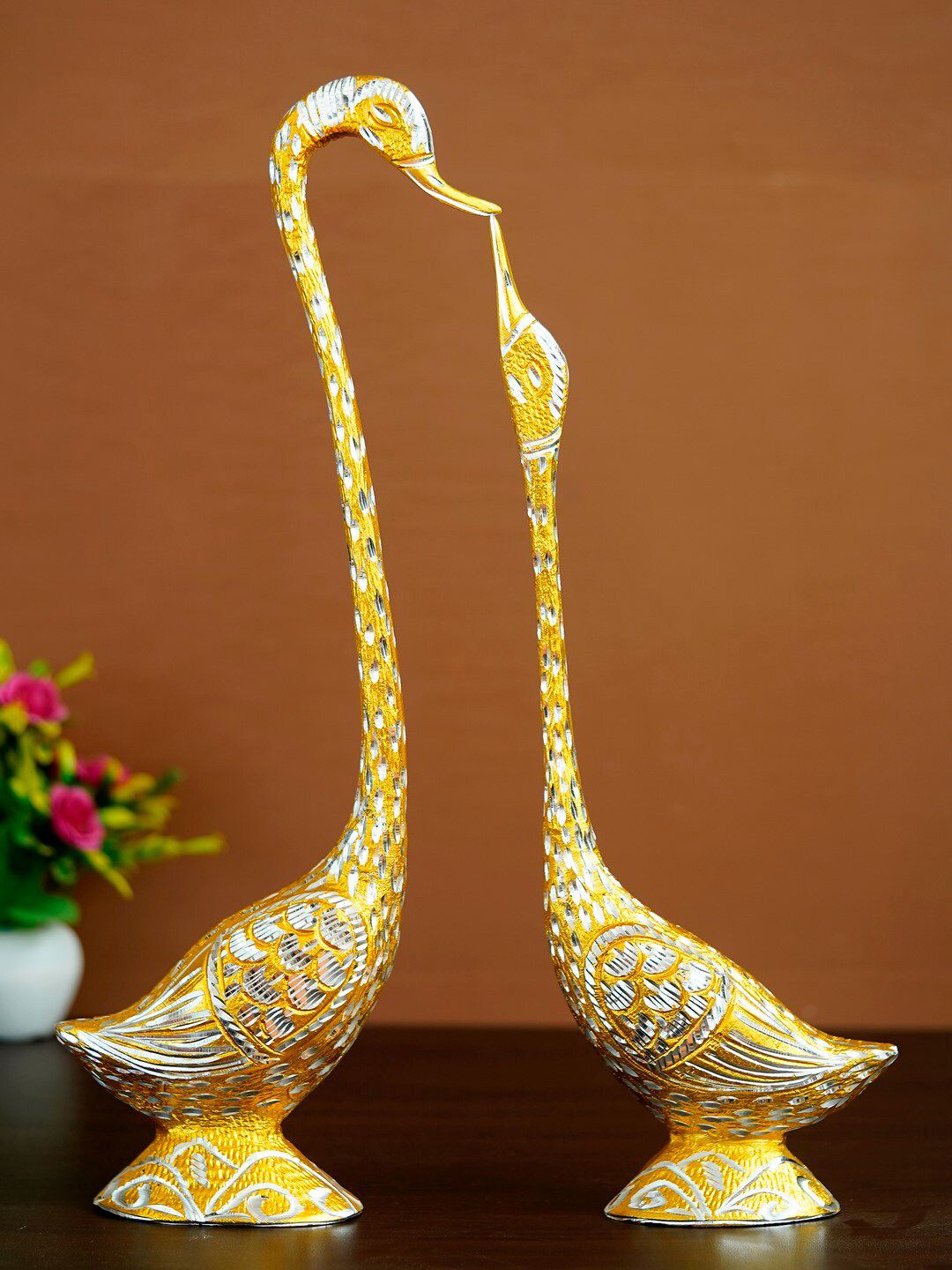 eCraftIndia Set of 2 Gold & Silver Toned Handcrafted Kissing Swan Couple Showpieces Price in India