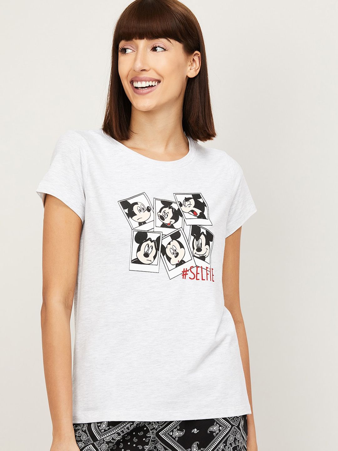 Ginger by Lifestyle Women Grey & Black Mickey Mouse Printed Lounge T-shirt Price in India