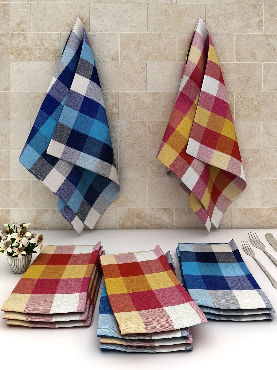 Athom Trendz Set Of 12 Checked Cotton Multipurpose Kitchen Towels Price in India