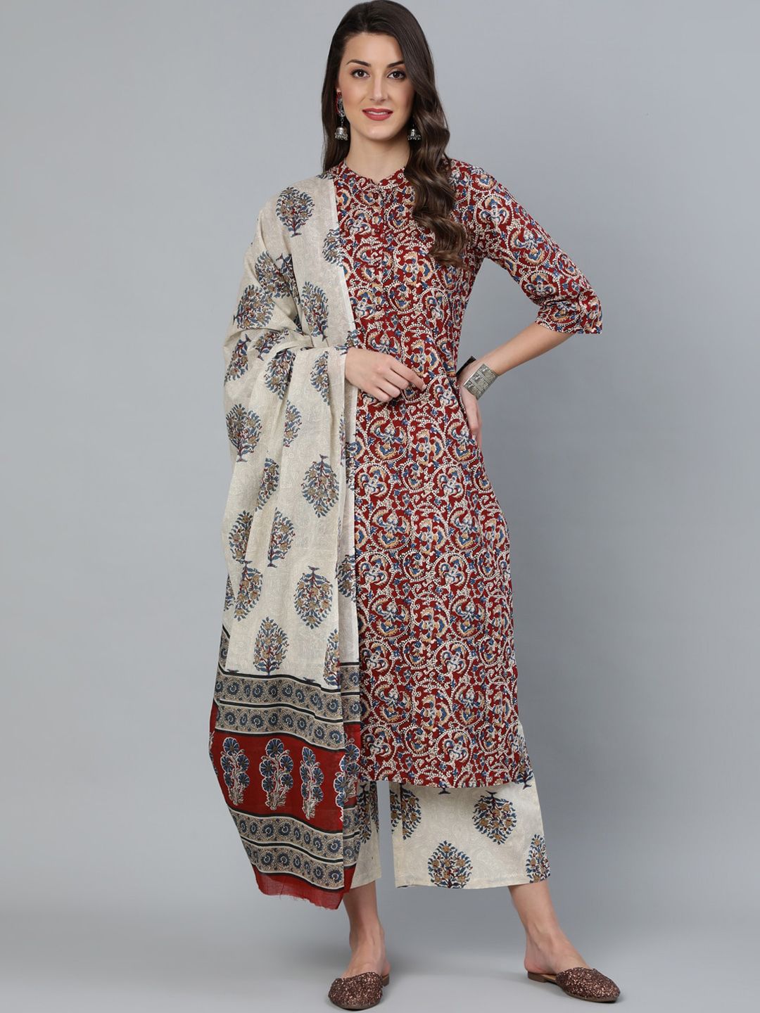 Nayo Women Maroon & Cream-Coloured Printed Kurta with Palazzos & Dupatta Price in India