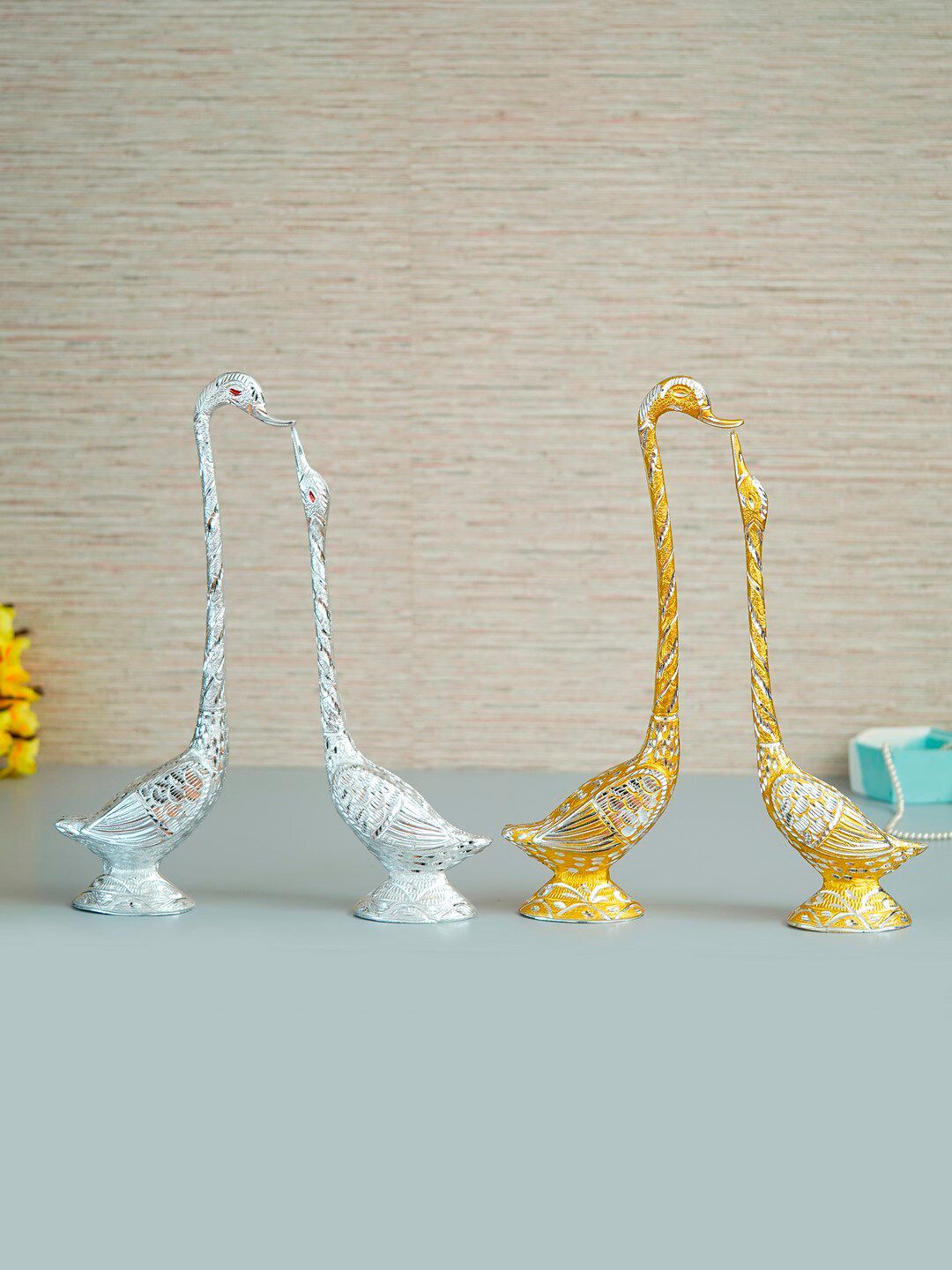 eCraftIndia 4 Pcs Gold & Silver Toned Kissing Swan Couple Handcrafted Showpieces Price in India