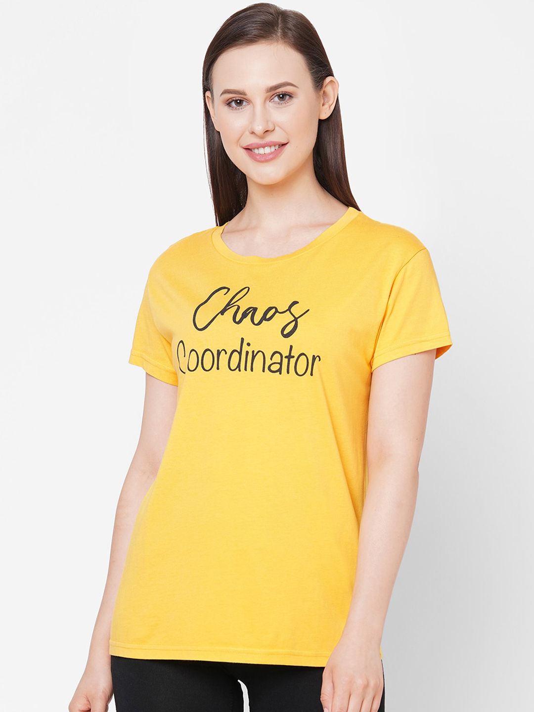 Mystere Paris Women Yellow & Black Printed Chaos Coordinator Cotton Lounge T-shirt Price in India