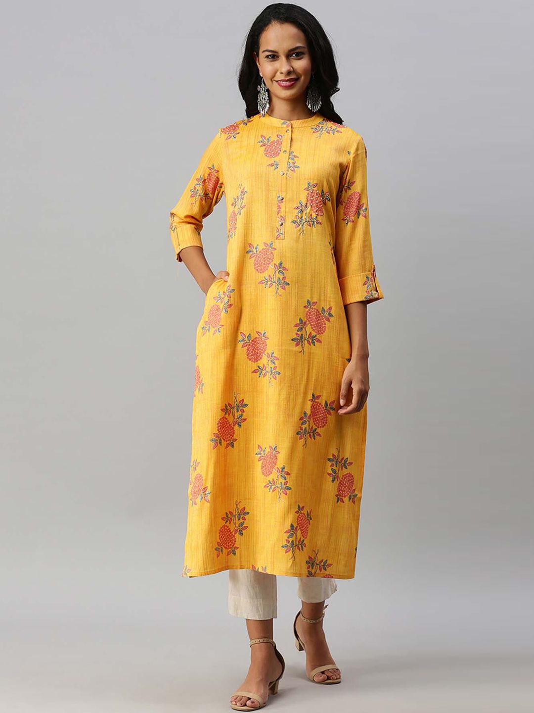 Soch Women Mustard Yellow & Pink Floral Print Band Collar Straight Kurta