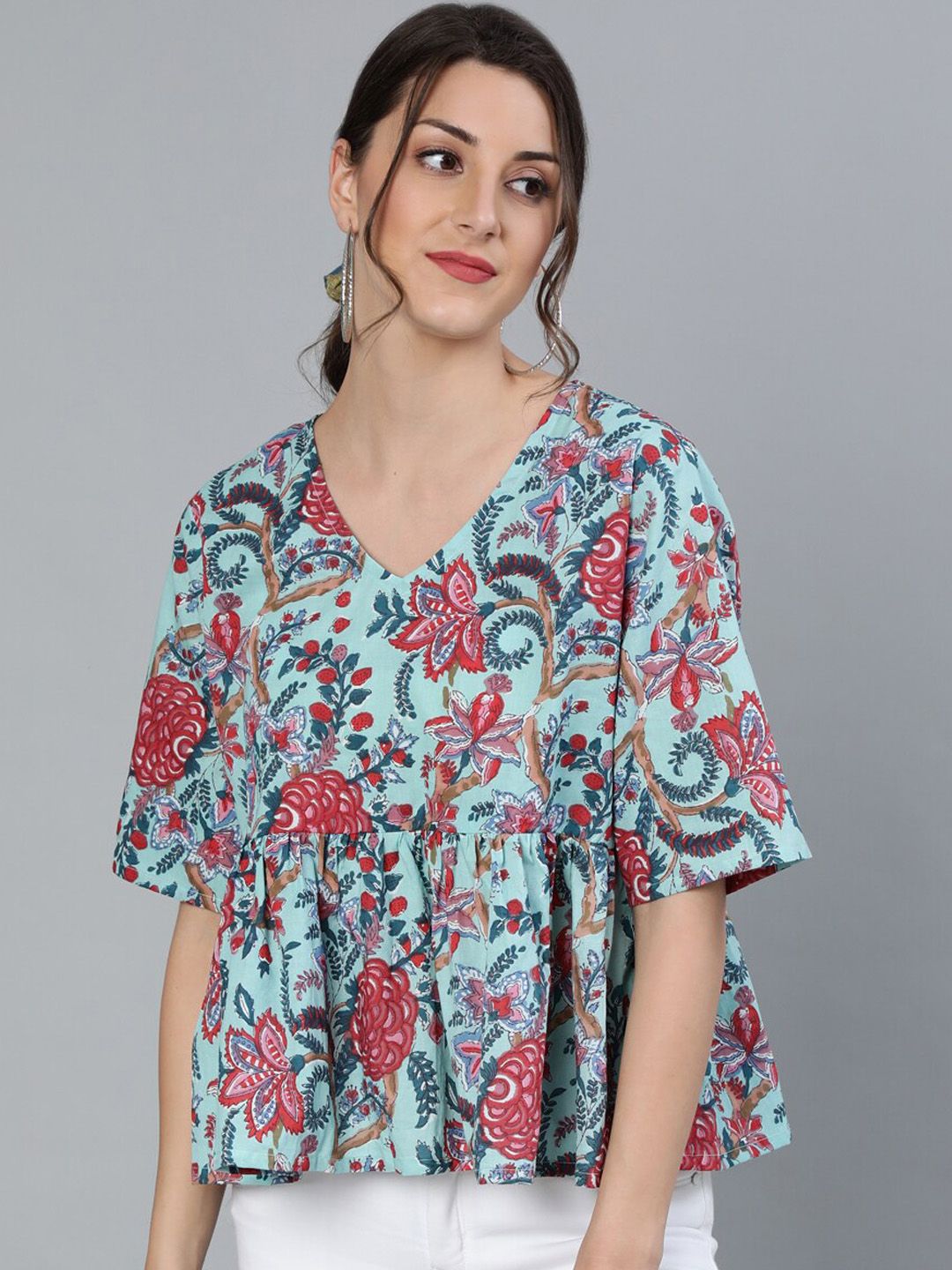Nayo Green & Red Printed Pure Cotton A-Line Top