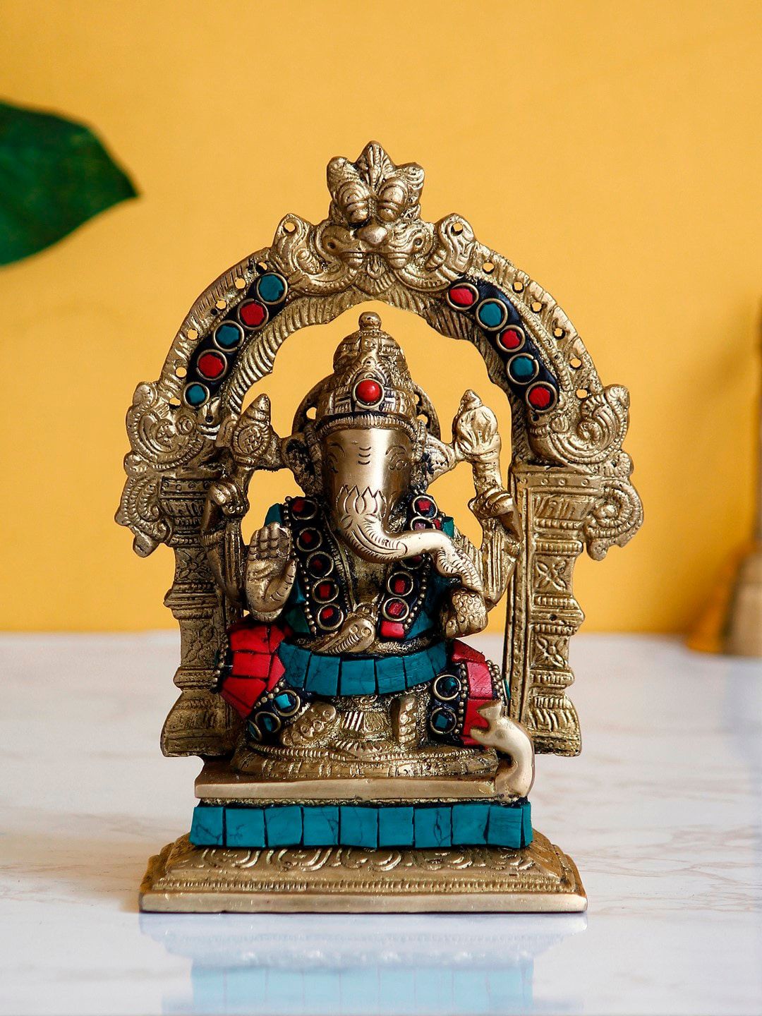 eCraftIndia Gold-Toned & Blue Lord Ganesha Idol With Stone Work Showpiece Price in India