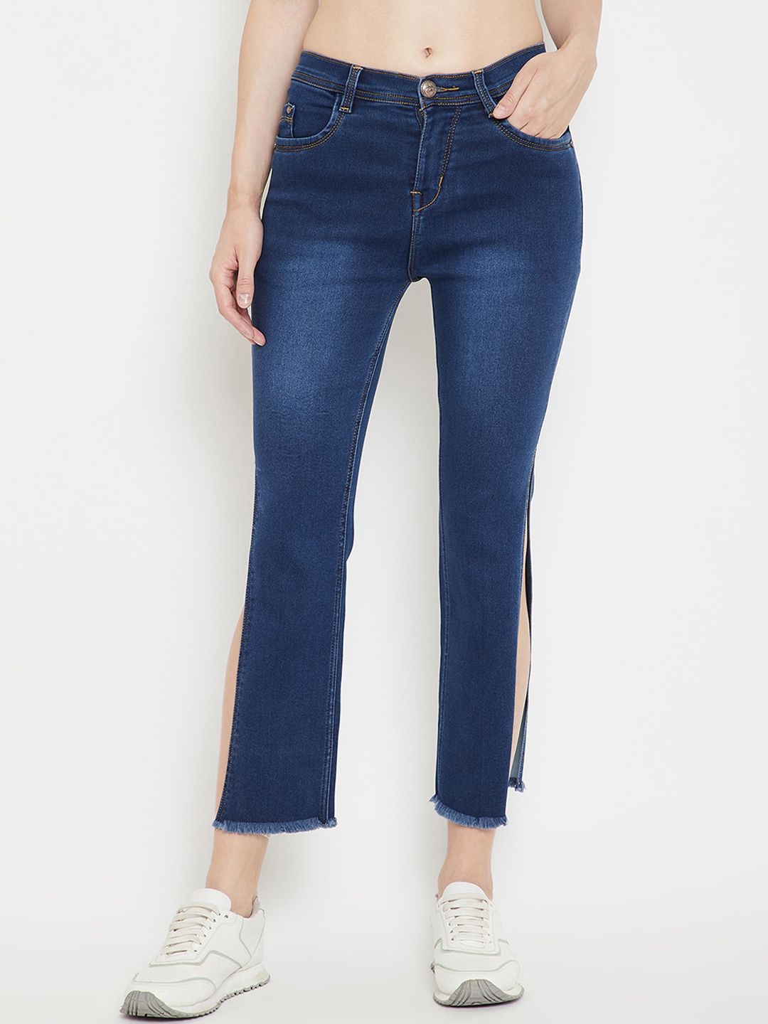 Nifty Women Blue Bootcut High-Rise Side Slits Clean Look Cropped Jeans Price in India