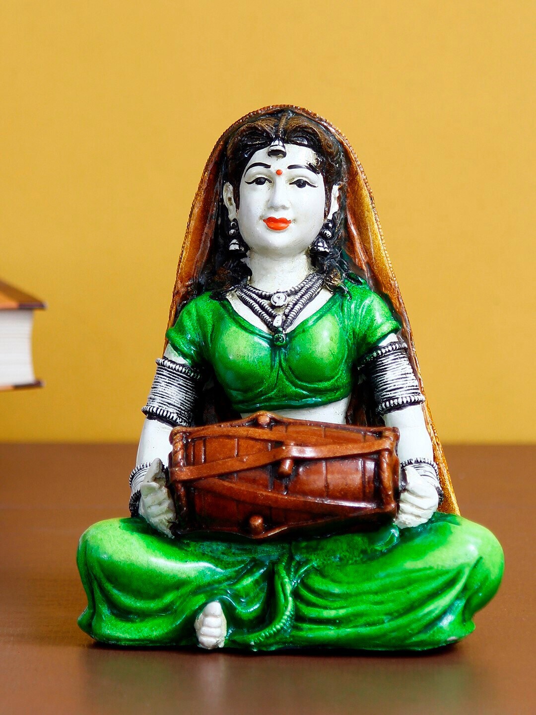eCraftIndia Green & White Rajasthani Lady Playing Dholak Handcrafted Polyresin Showpiece Price in India