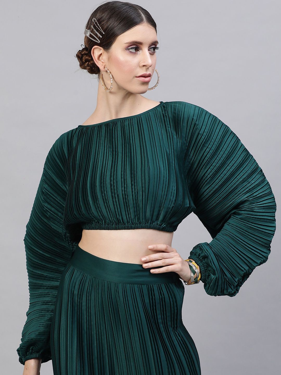 STREET 9 Green Puff Sleeves Blouson Crop Top Price in India