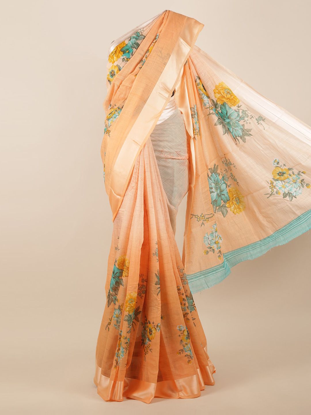 Pothys Peach-Coloured & Blue Floral Print Saree