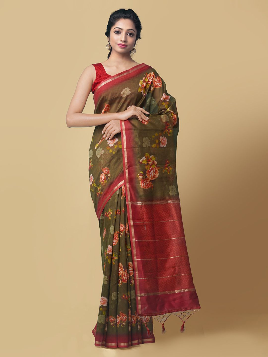 Unnati Silks Green & Maroon Silk Cotton Woven Design Chanderi Saree