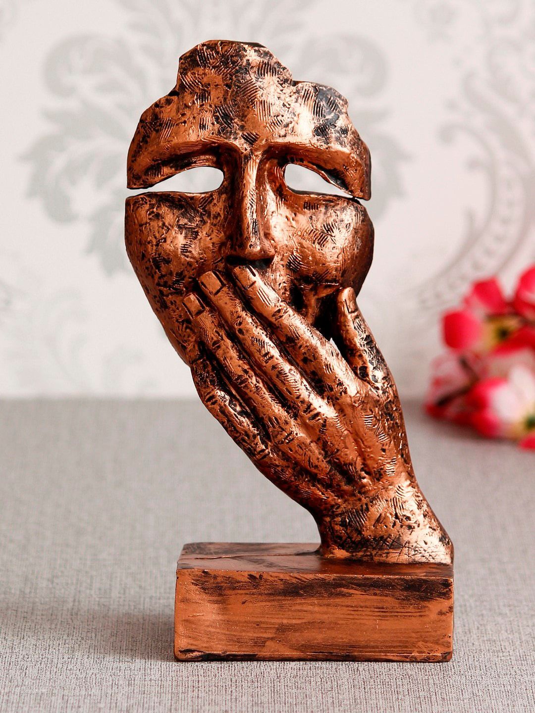 eCraftIndia Copper-Toned Handcrafted Rustic Look Human Face With Hands On Mouth Showpiece Price in India