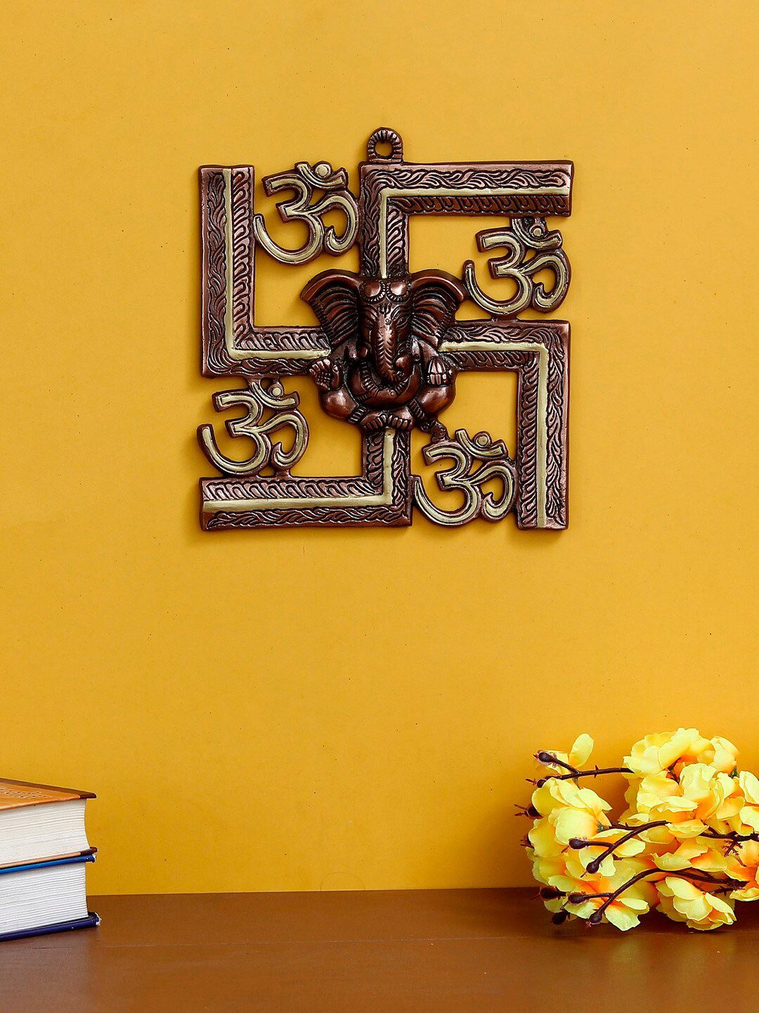 eCraftIndia Gold-Toned Handcrafted Lord Ganesha on Om Swastik Wall Hanging Showpiece Price in India