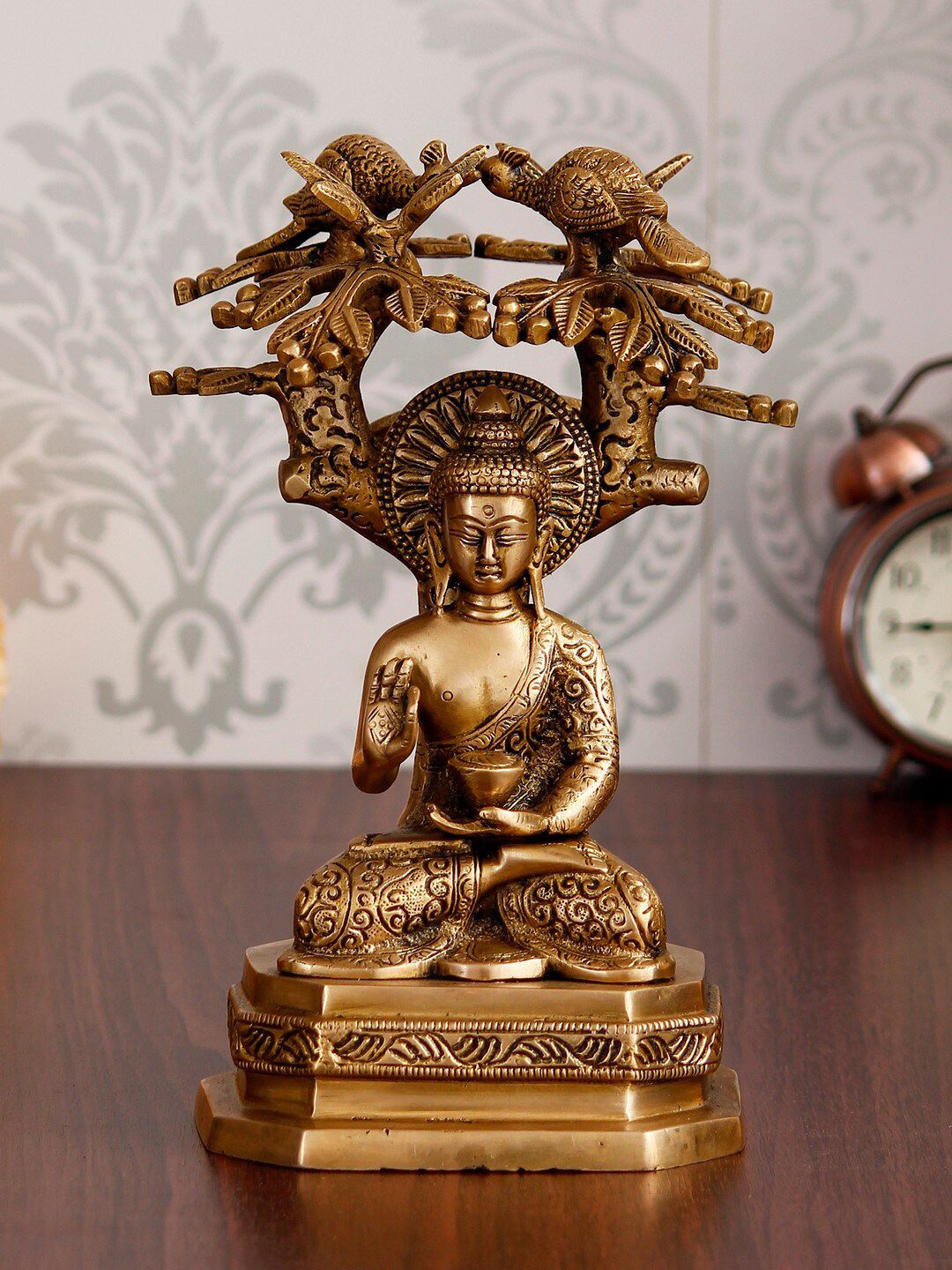 eCraftIndia Gold-Toned Blessing Lord Buddha Meditating Under Tree Handcrafted Showpiece Price in India