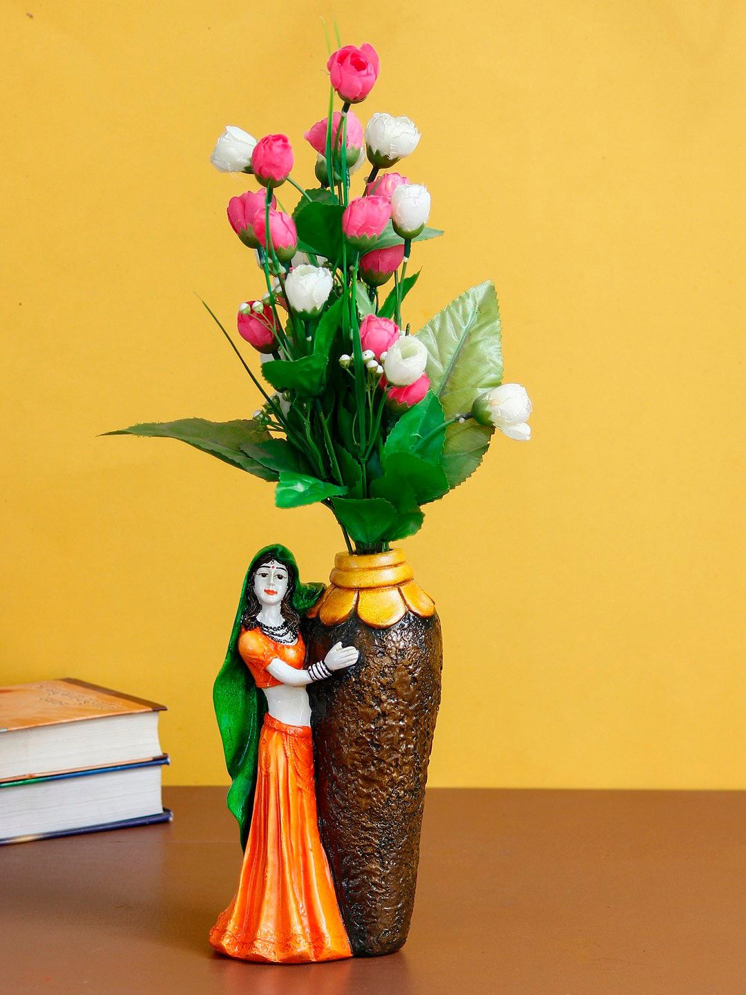 eCraftIndia Orange & Brown Rajasthani Lady With Flower Pot Handcrafted Decorative Showpiece Price in India