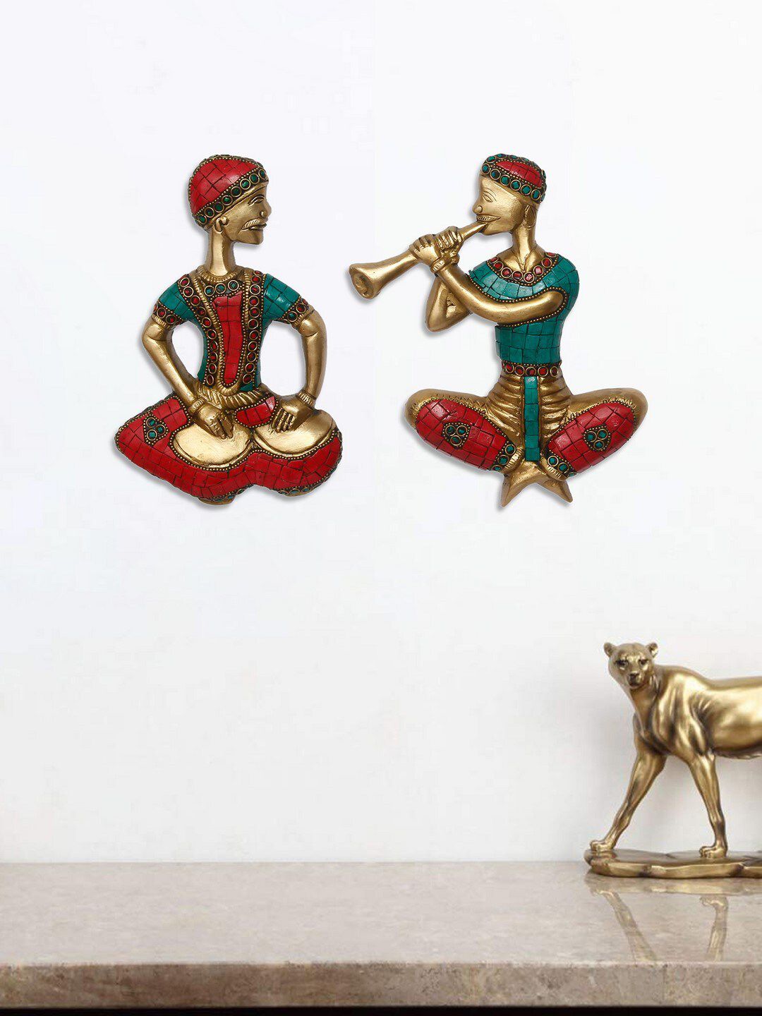 eCraftIndia Set Of 2 Gold-Toned & Red Handcrafted Musicians Metal Wall Hanging Decor Price in India