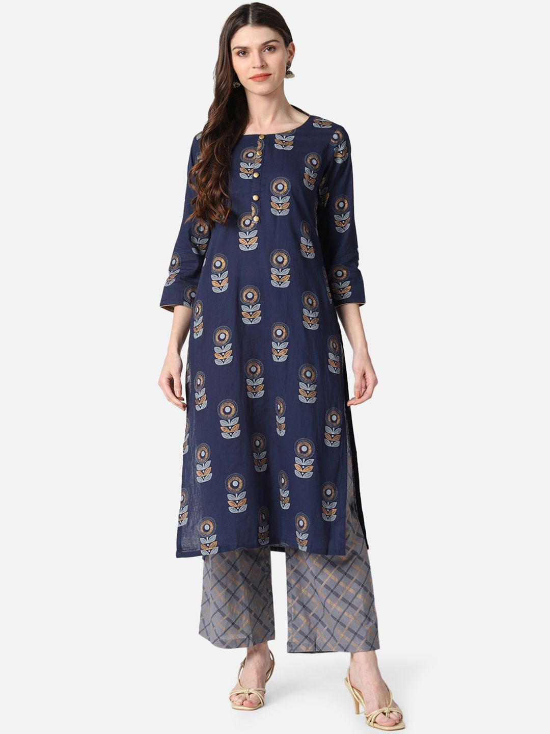 AHIKA Women Navy Blue Printed Kurti with Palazzos