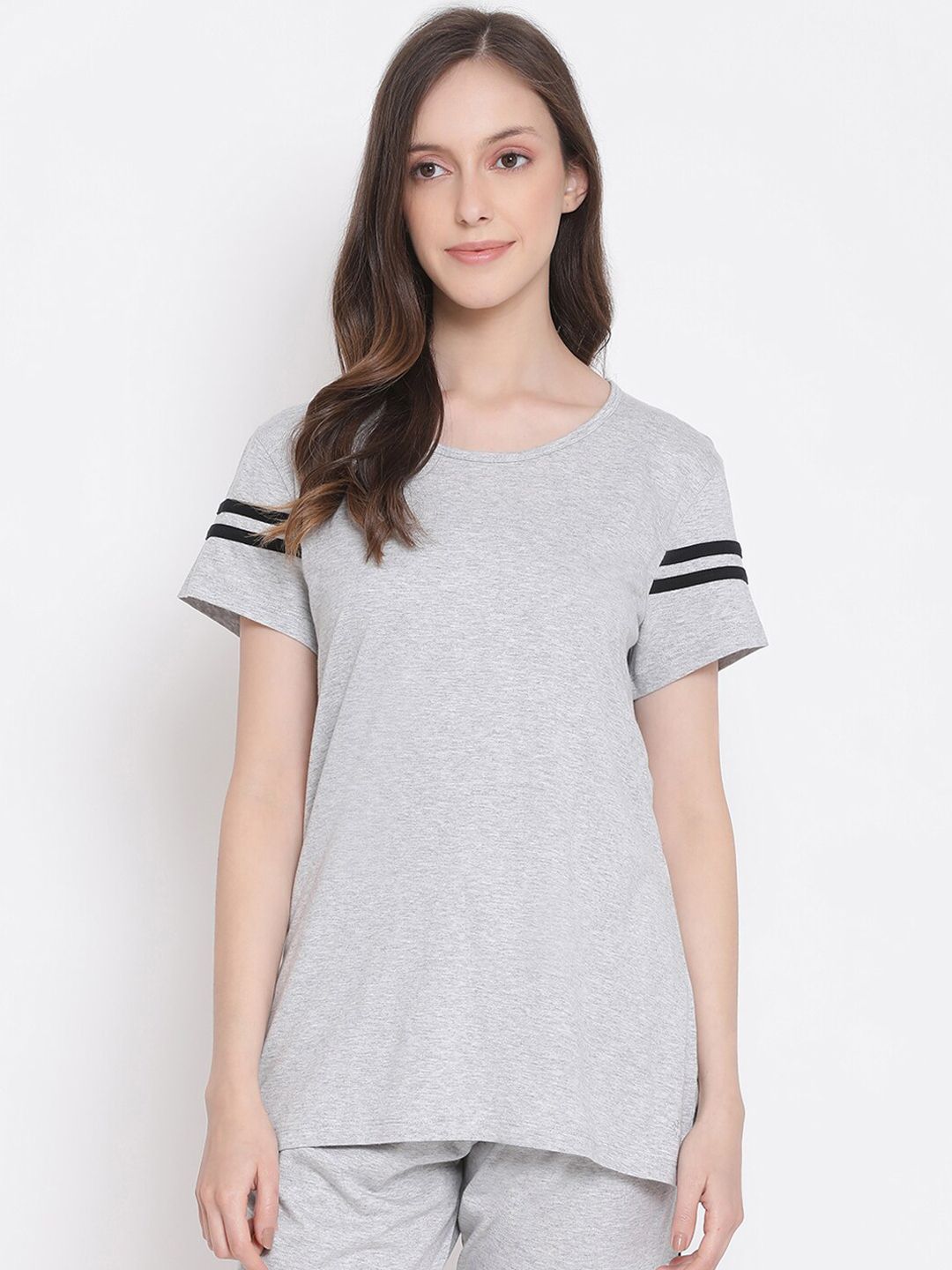 Kanvin Women Grey Melange Solid Pure Cotton Lounge T-Shirt Price in India