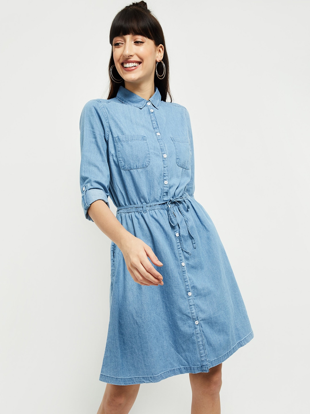 max Women Blue Solid Shirt Dress Price in India