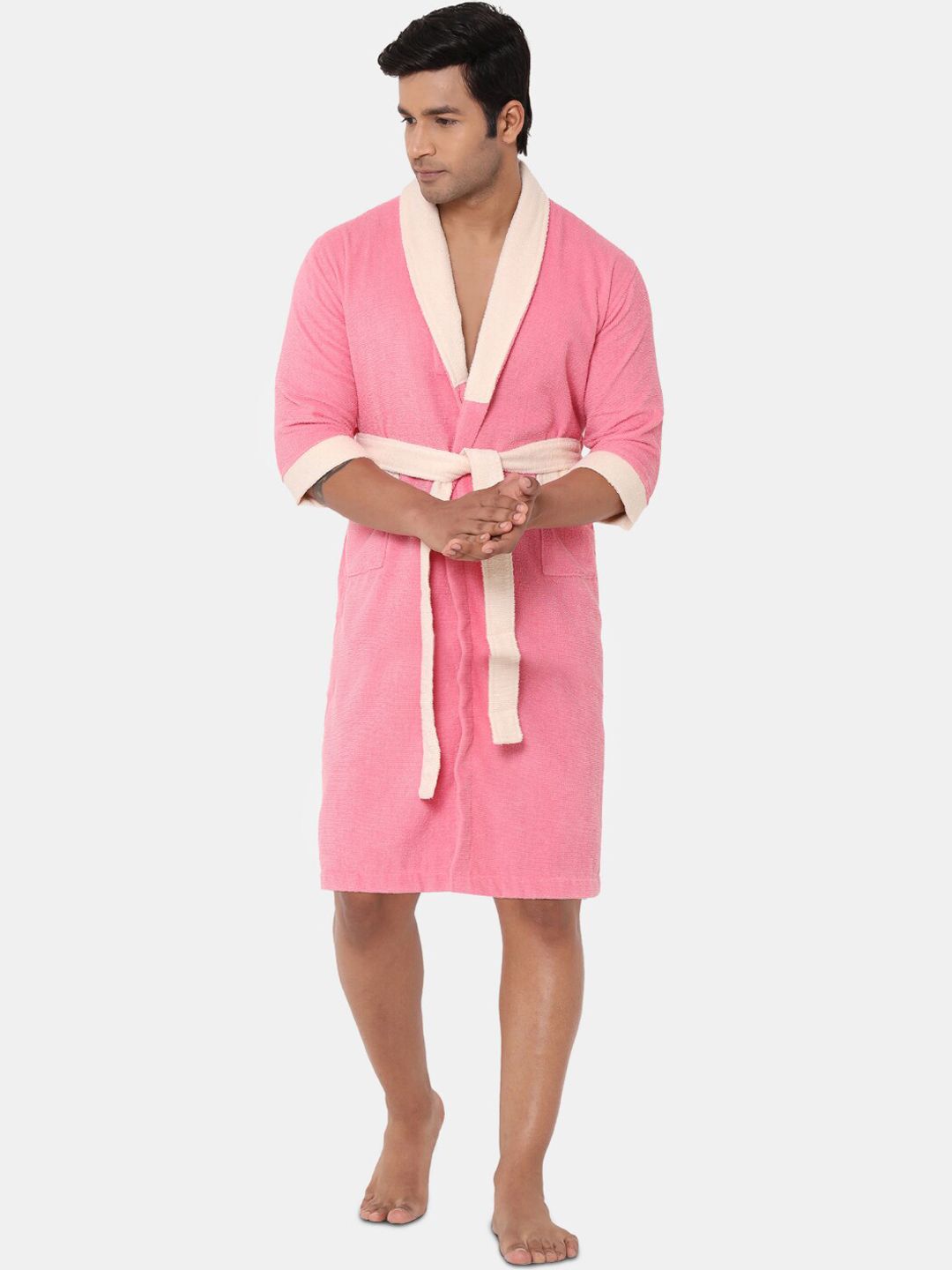 SPACES Unisex Pink Solid 100% Cotton 300 GSM Bath Robe Price in India