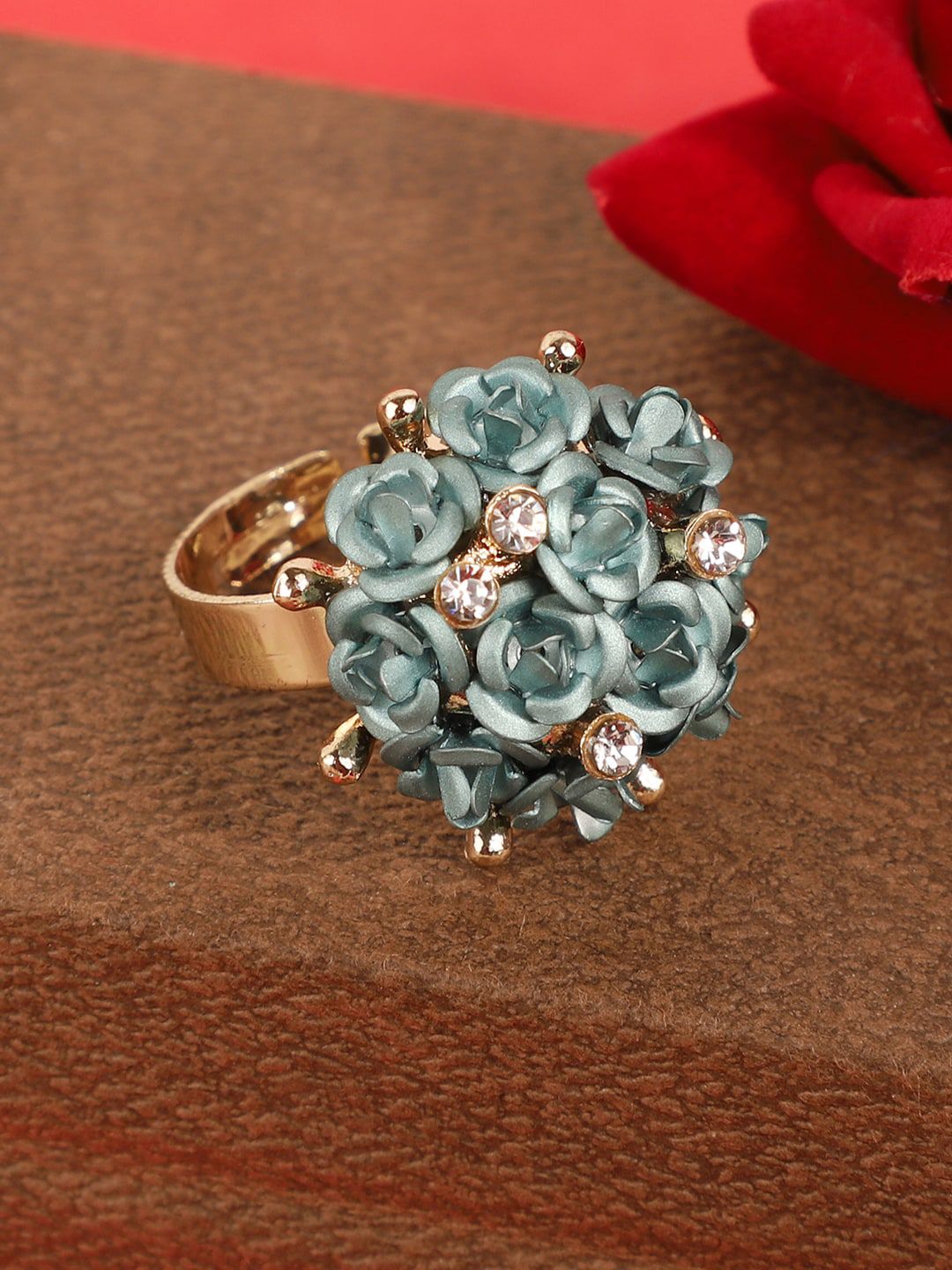 ANIKAS CREATION Gold-Toned & Turquoise Blue Floral Handcrafted Adjustable Finger Ring Price in India