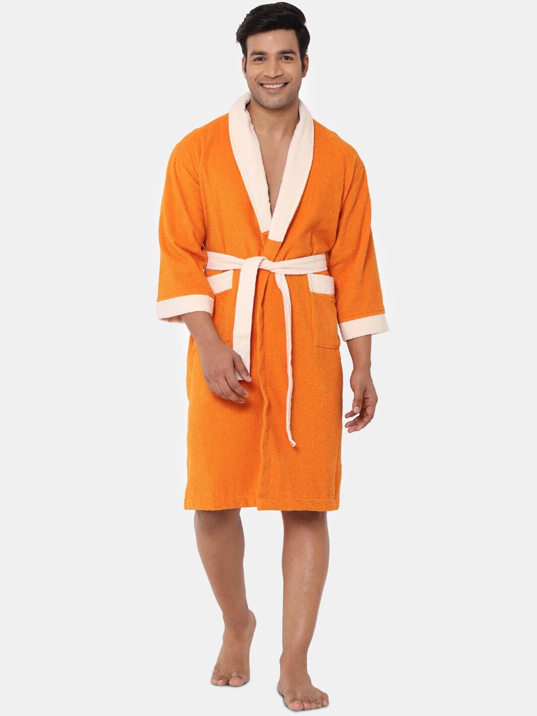 SPACES Unisex Orange & Cream-Coloured Solid 300 GSM Bath Robe Price in India