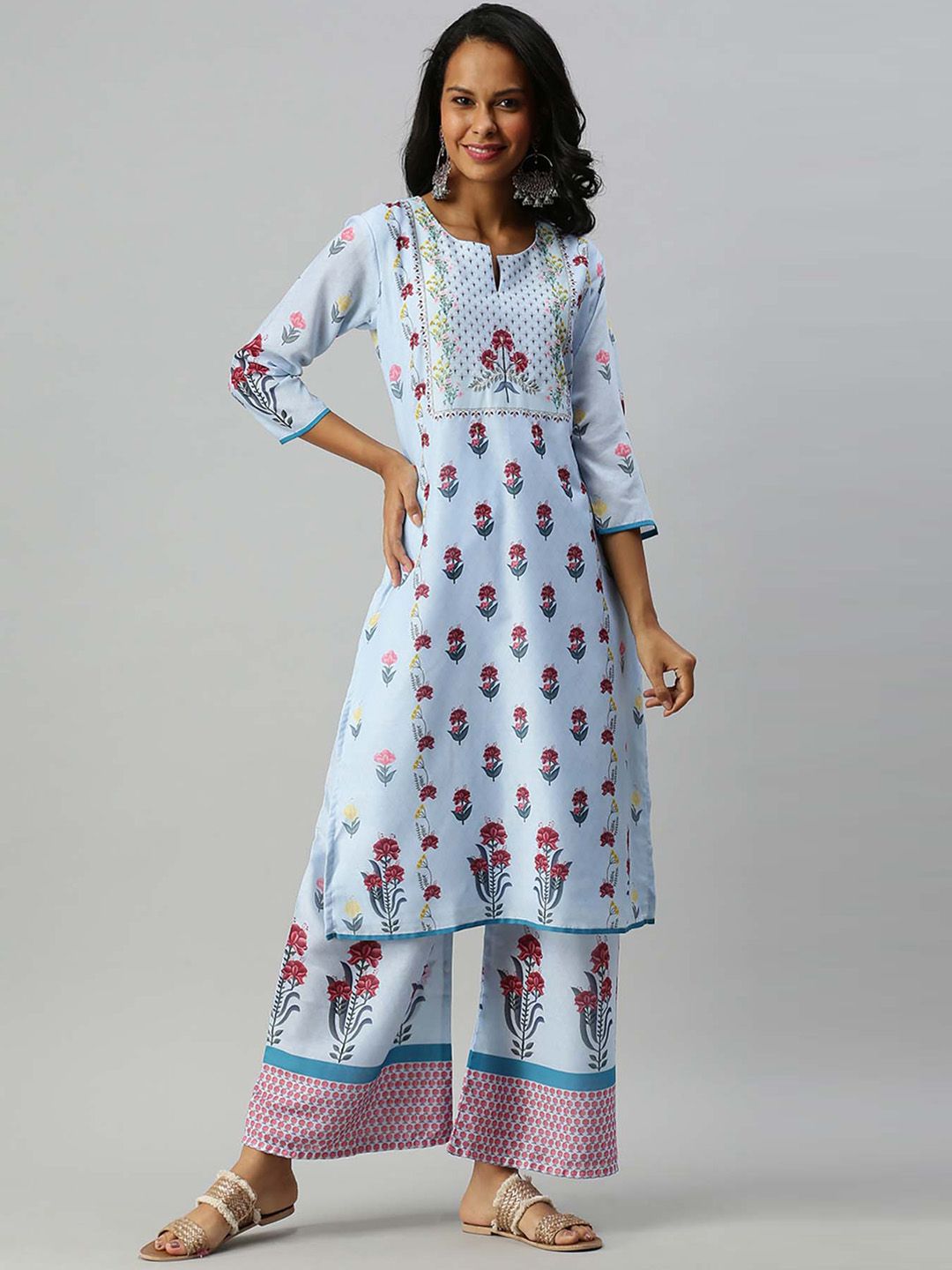 Soch Women Blue & Pink Printed Kurta with Palazzos Price in India