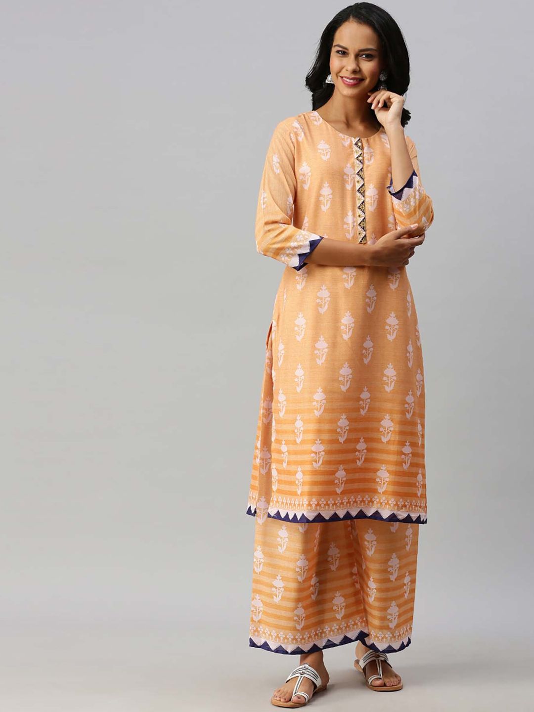 Soch Women Mustard Brown & Pink Printed Kurta with Palazzo & Dupatta Price in India