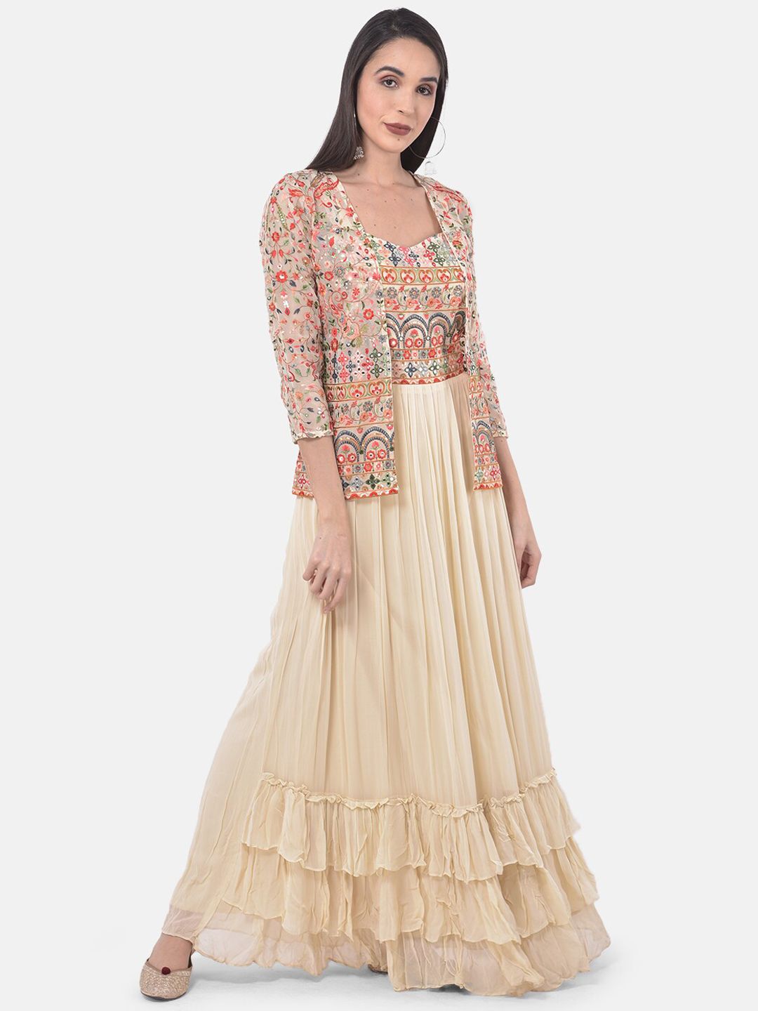 Neerus Women Cream-Coloured & Red Embroidered Maxi Dress with Ethnic Jacket