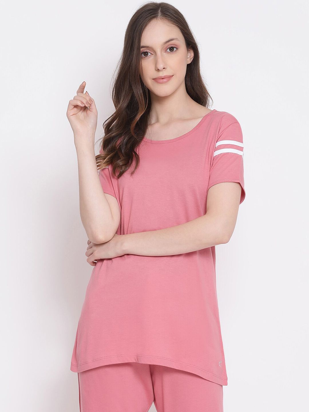 Kanvin Women Pink Solid Pure Cotton Lounge T-Shirt Price in India